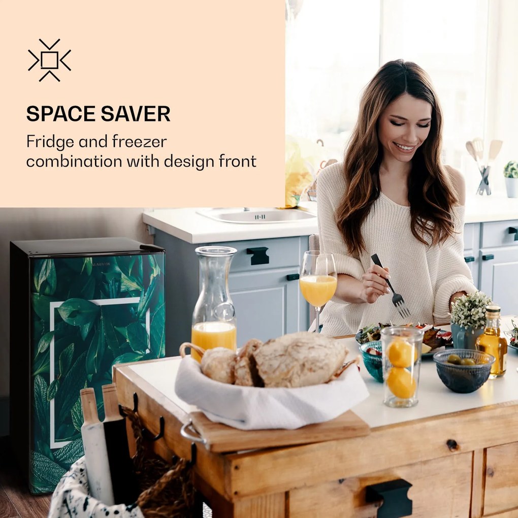 Klarstein CoolArt 79L, kombinovaná chladnička s mrazničkou, EEK E, mraziaci priestor 9 l, dizajnové dvere