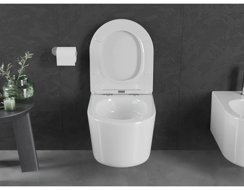Mexen Sofia, závesná WC misa 490x360x355 mm, Rimless Tornádo + WC sedadlo z duroplastu, biela lesklá, 30540400T