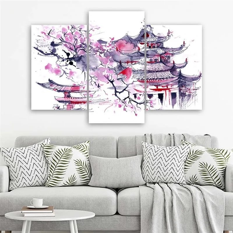 Gario Obraz na plátne Japonská pagoda a čerešňový kvet - 3 dielny Rozmery: 120 x 80 cm
