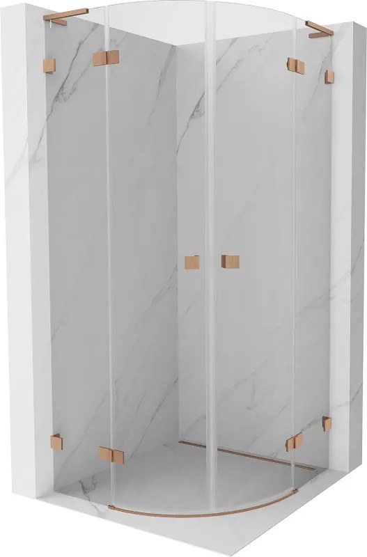 Mexen Lunar, L polkruhový výklopný sprchový kút 90 x 90 cm, 8mm číre sklo, profil medená matná, 833L-090L-090P-65-00