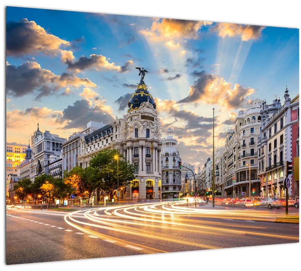 Sklenený obraz - Calle Gran Vía, Madrid, Španielsko (70x50 cm)