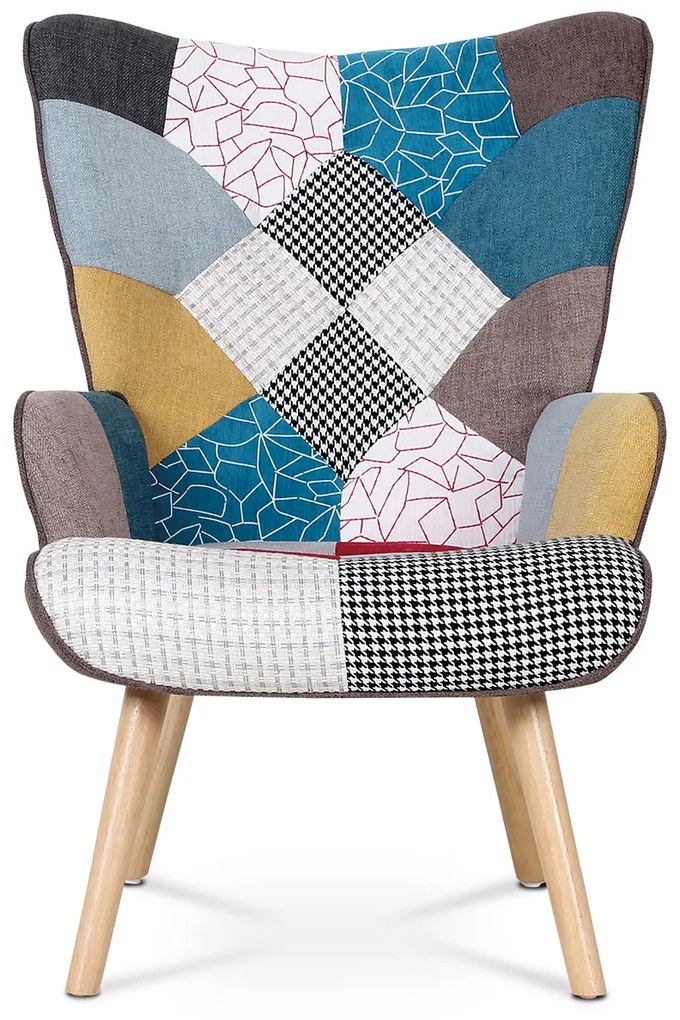 Autronic - Kreslo "ušiak" s podnožkou, poťah patchwork látka, nohy masív kaučukovník - AK-305 PW2