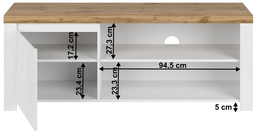 TV stolík/skrinka Vilgi 1D/160 (lesk biely + dub wotan). Vlastná spoľahlivá doprava až k Vám domov. 1064640