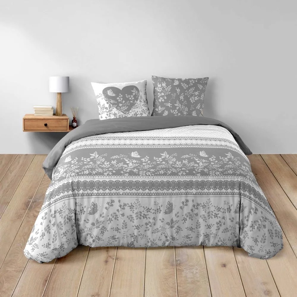 Biele/sivé 3-dielne bavlnené obliečky na dvojlôžko/predĺžené 240x220 cm Annie – douceur d'intérieur