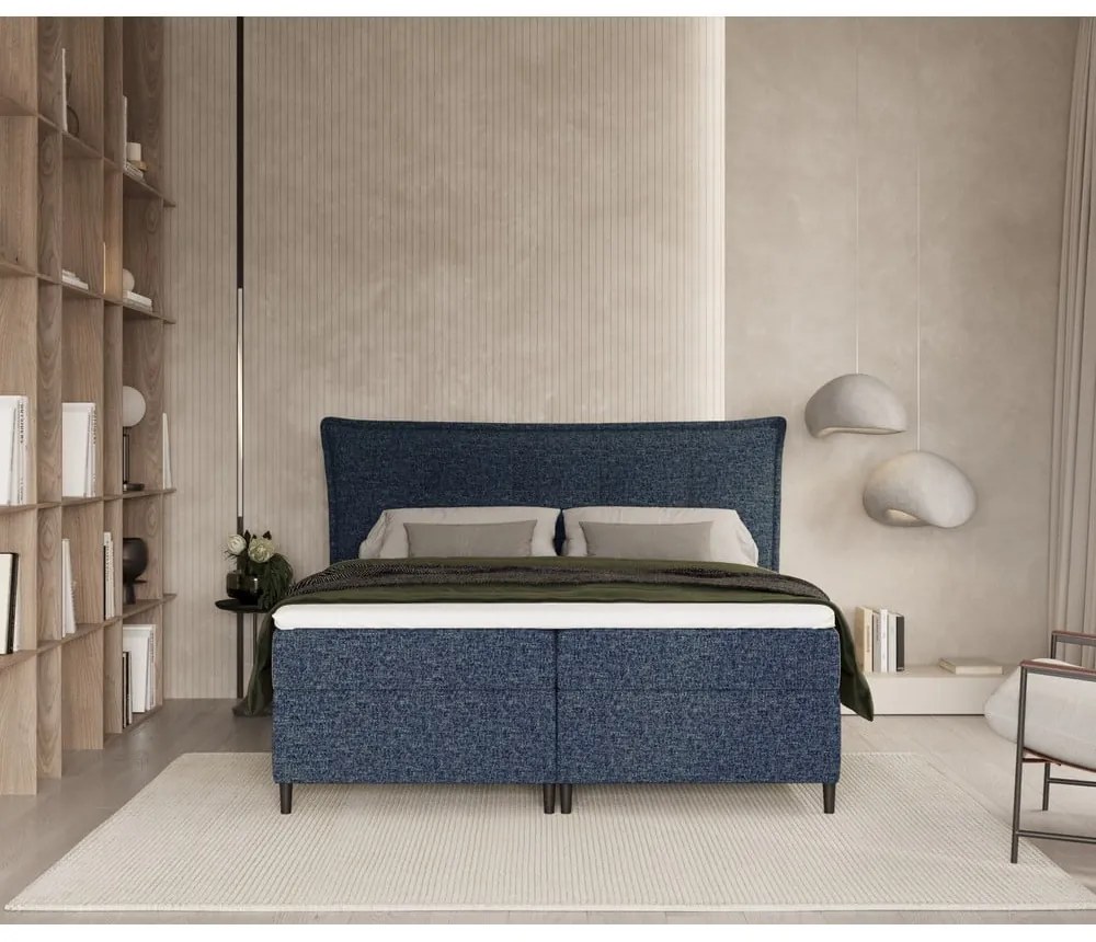 Tmavomodrá boxspring posteľ s úložným priestorom 200x200 cm Sinai – Maison de Rêve
