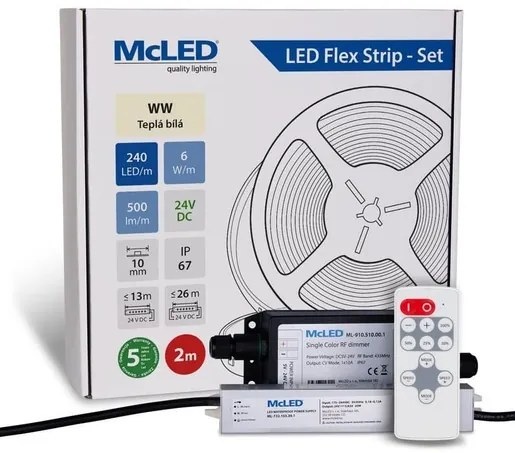 McLED LED páska - sada 2 m + Prijímač Nano IP67, 240 LED/m, WW, 6 W/m, DC 24V, 500 lm/m, CRI90, IP67, 10 mm, vodič 3 m ML-126.034.90.S02002