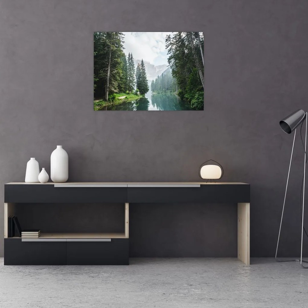 Sklenený obraz lesného jazera (70x50 cm)