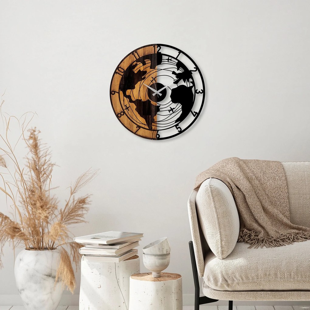Dekorativní nástěnné hodiny WALLIE WOODEN WORLD MAP 56 cm ořech/černé