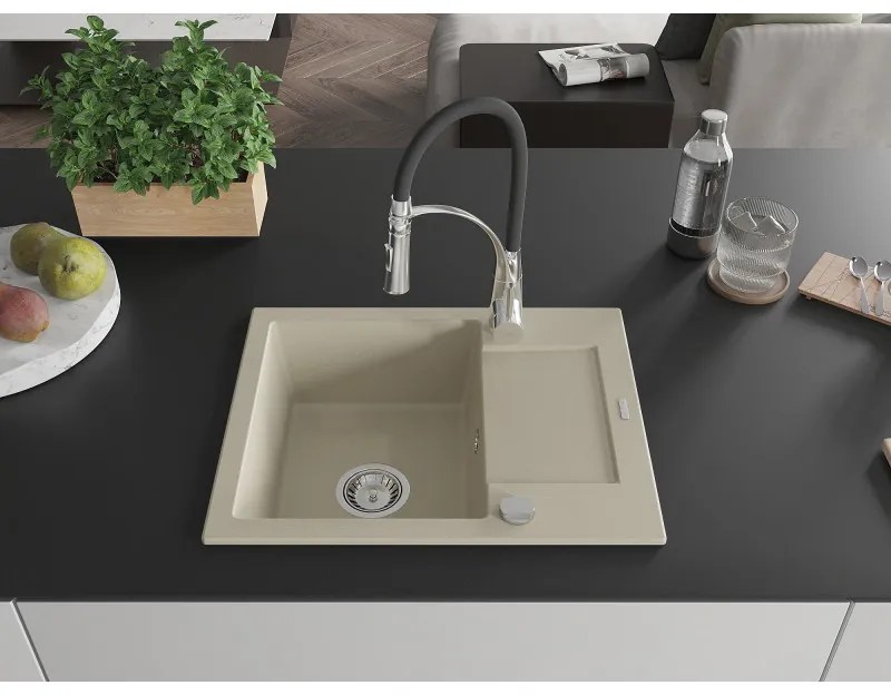 Mexen Enzo, 1-komorový granitový drez 576x465x174 mm a drezová batéria Aster, béžová, 6506-69-73450-07