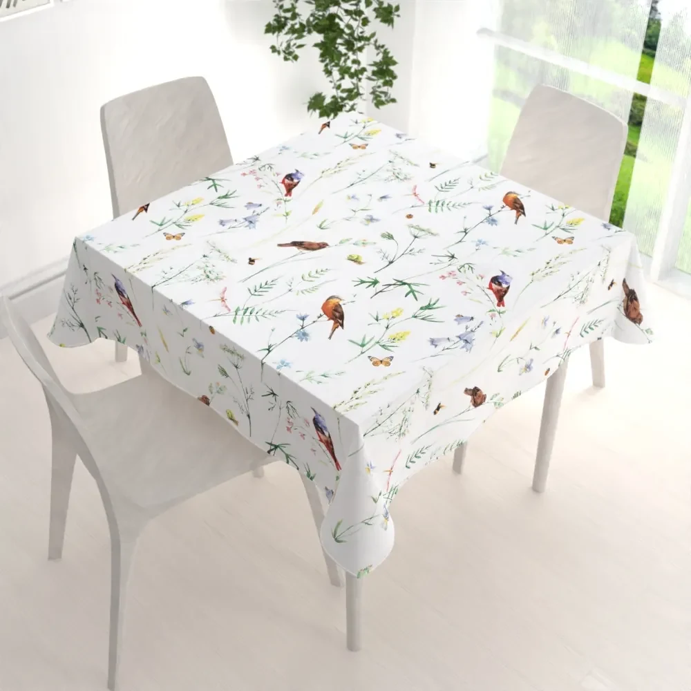 Biante Bavlnený štvorcový obrus Sandra SA-392 Lúčne kvietky s vtáčikmi 100x100 cm
