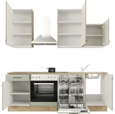 Kuchynská linka so spotrebičmi Cara 220 cm farba čela zelená dub matná farba korpusu dub