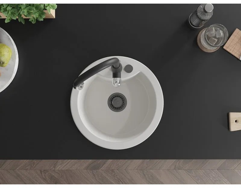 Mexen Diego, 1-komorový granitový drez 488x488x167 mm a drezová batéria Savita, biela, 6512-20-672601-70