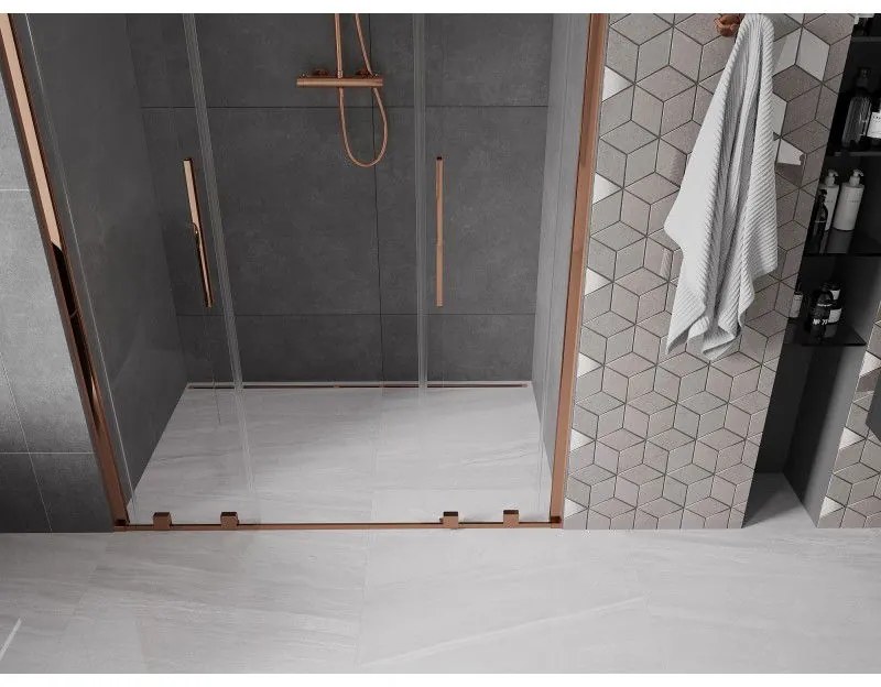 Mexen Velar L Duo, posuvné sprchové dvere do otvoru 160 cm, 8mm číre sklo, ružové zlato, 871-160-003-02-60