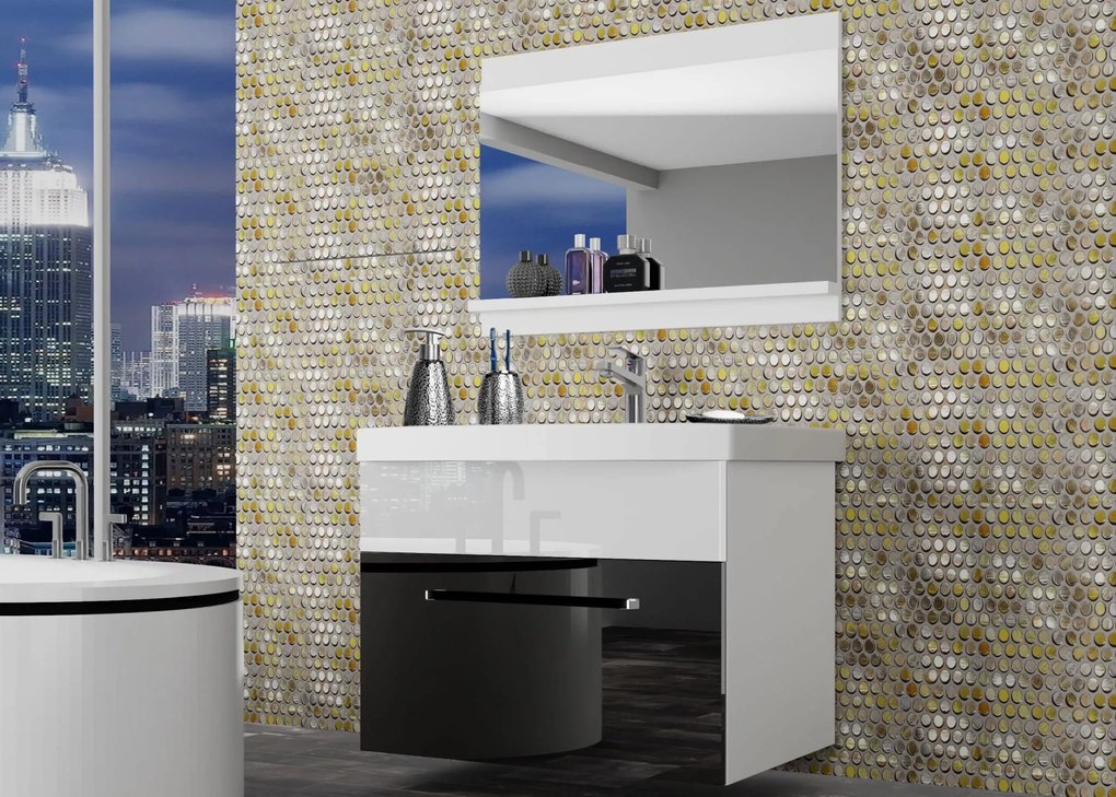 Kúpeľňový nábytok Belini čierny lesk / biely lesk + umývadlo + zrkadlo ROD P 1/0/W/BW/0/ZW