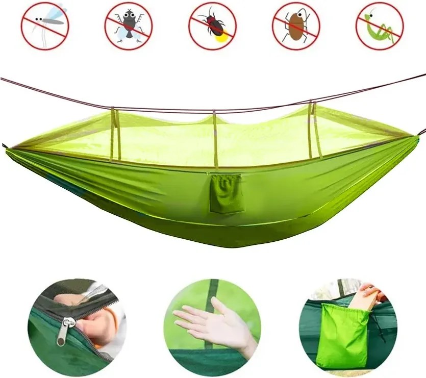 Zaparkorun Outdoorový hamak - hojdacia sieť so sieťkou proti hmyzu - olivová