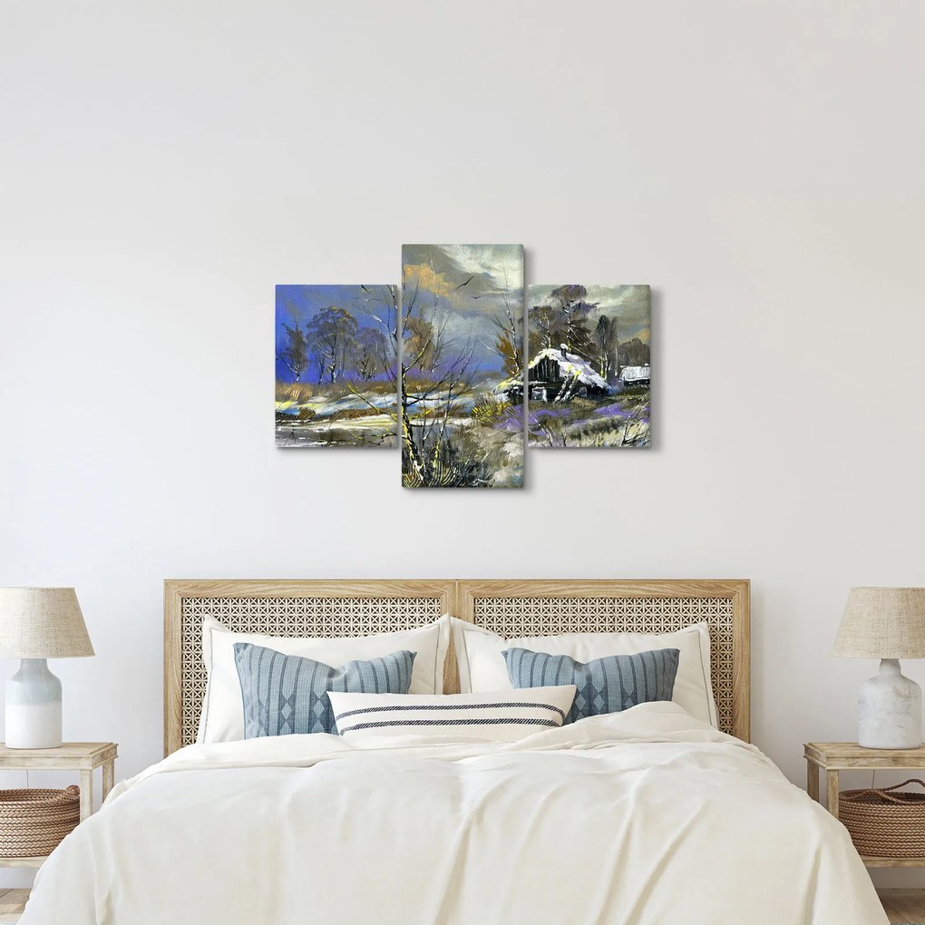 Obraz chalúpky v zimnej krajine, olejomaľba (90x60 cm)