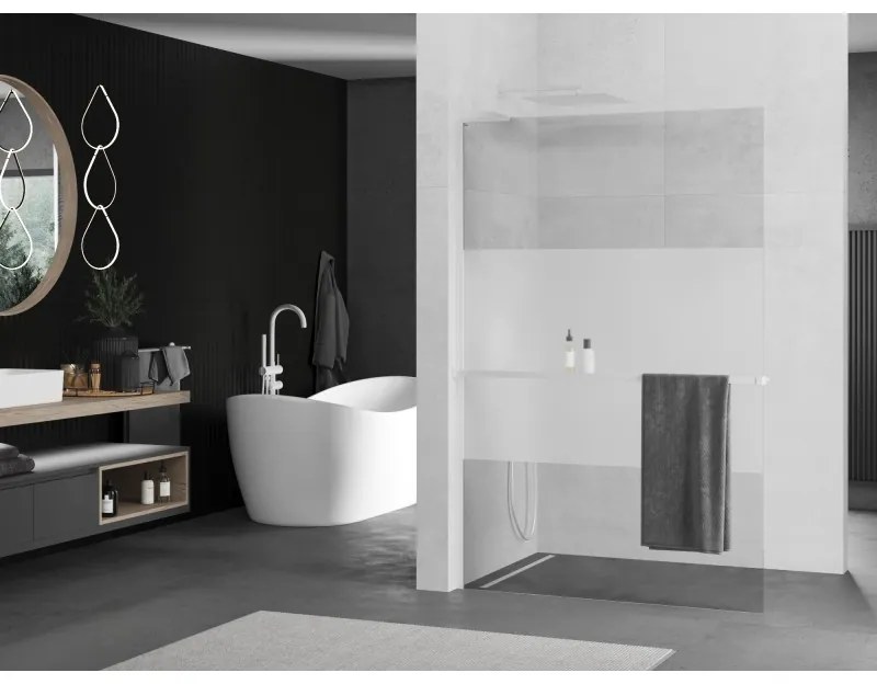 Mexen Kioto+ L, sprchová zástena Walk-In s poličkou a vešiakom 70 x 200 cm, 8mm číre sklo-námraza, biely profil, 800-070-123-20-35