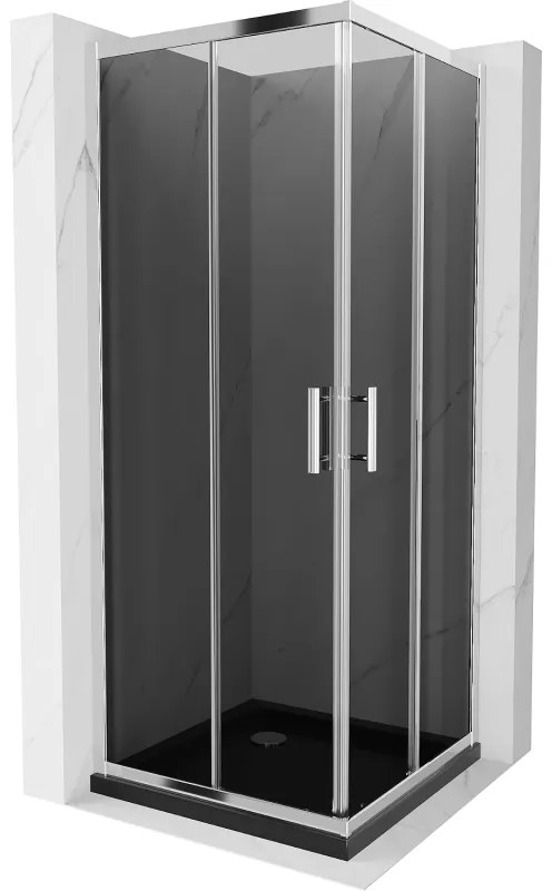 Mexen Rio, štvorcový sprchovací kút s posuvnými dverami 90 x 90 cm, 6mm šedé sklo, chrómový profil + čierna sprchová vanička, 860-090-090-01-40-4070