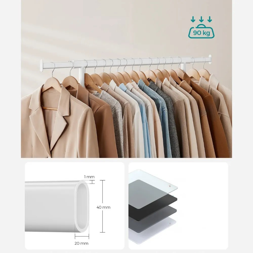 Stojan na oblečenie INEZ na kolieskach, max.90kg, 83,5x45x160cm, biela SongmicsHome