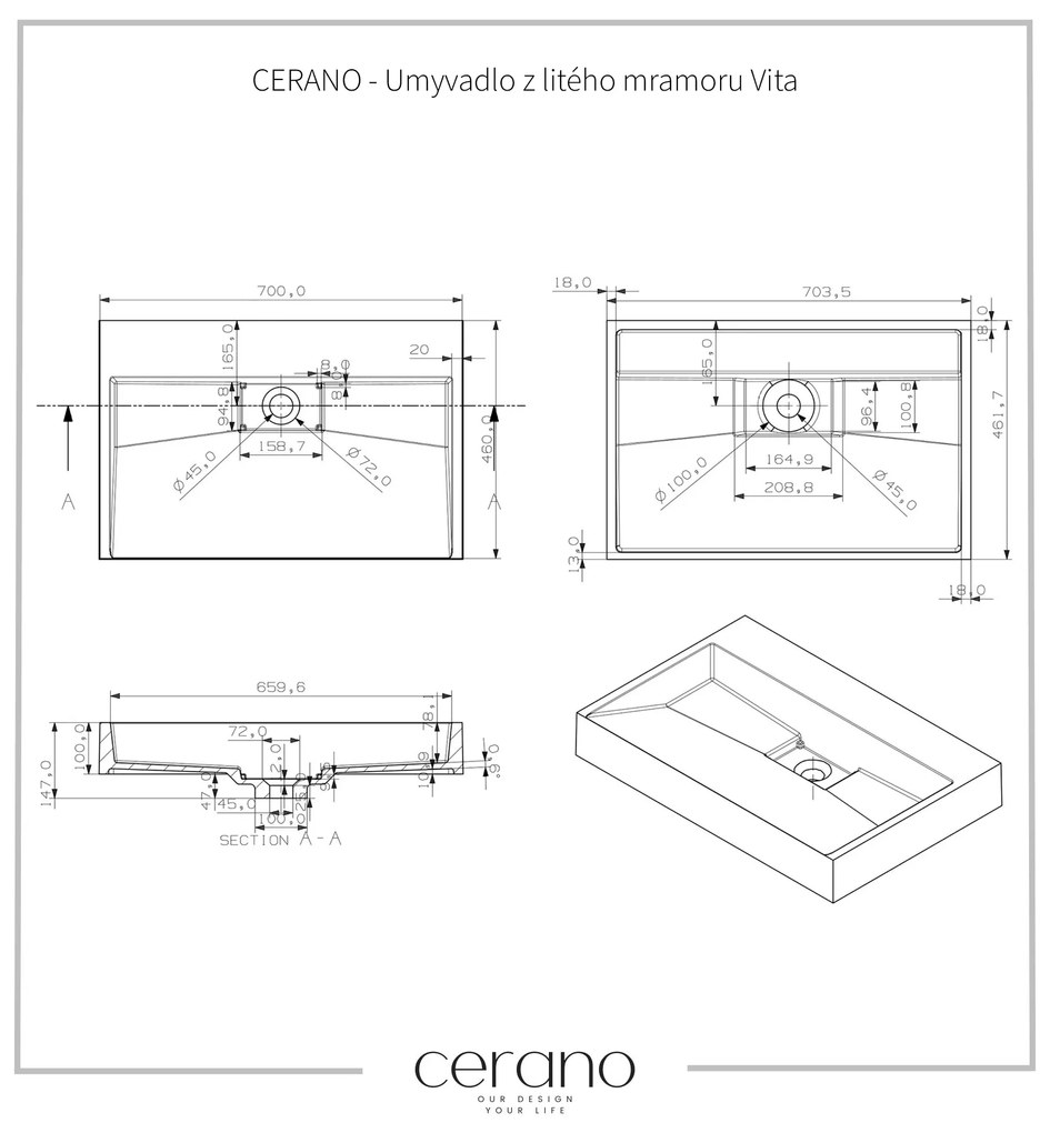 CERANO - Umývadlo z liateho mramoru Vita - nástenné aj na dosku - biela matná - 70x46 cm, CER-CER-8050BD6939