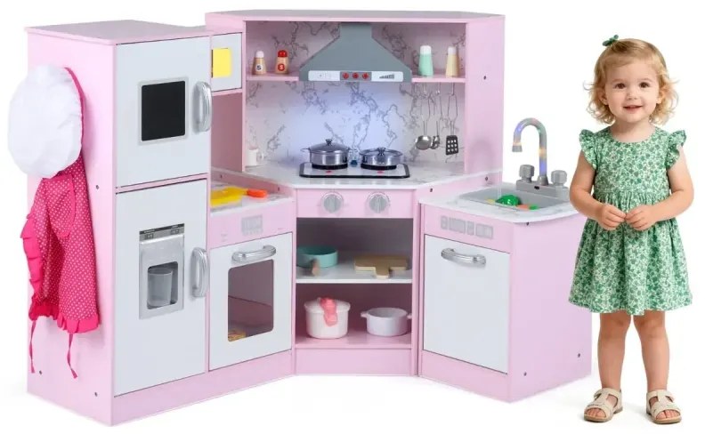 Drevená rohová detská kuchynka so svetlom, zvukom, tabuľou a príslušenstvom, detská kuchynka na hranie, drevená kuchynka ružová