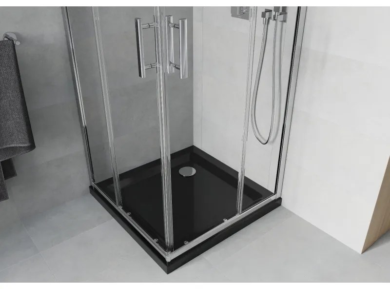 Mexen Rio, štvorcový sprchovací kút s posuvnými dverami 90 x 90 cm, 6mm číre sklo, chrómový profil + čierna sprchová vanička, 860-090-090-01-00-4070