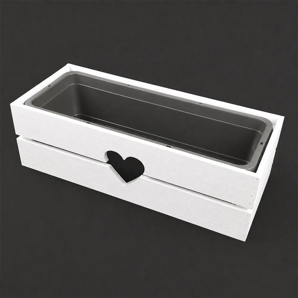 AMADEA Drevený obal na kvetináč so srdcom biely, 52x21,5x17cm Český výrobok