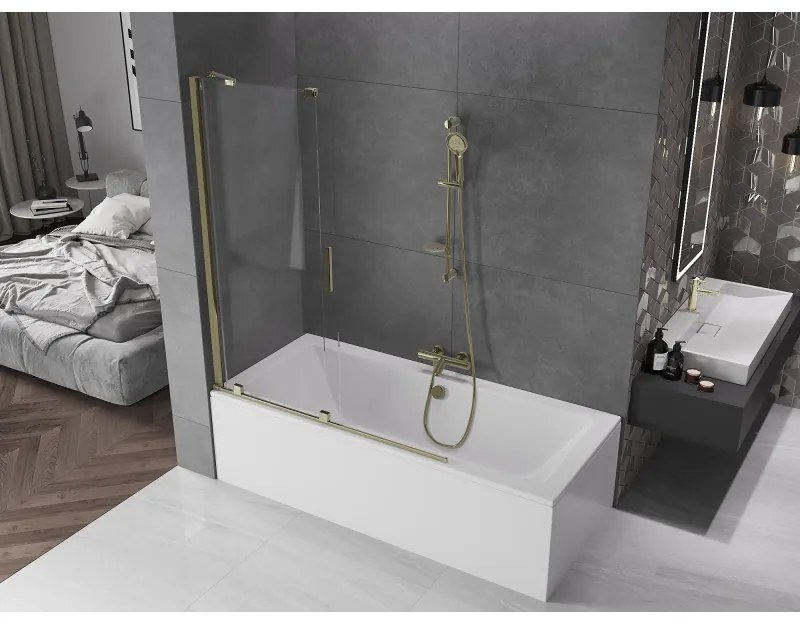 Mexen Velar, 2-krídlová posuvná vaňová zástena 130 x 150 cm, 8mm číre sklo, zlatý lesklý profil, 896-130-000-01-50