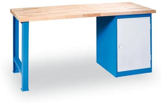 Dielenský pracovný stôl GÜDE Variant, buková škárovka, pevná noha + zásuvková dielenská skrinka na náradie, 1500 x 685 x 850 mm, modrá