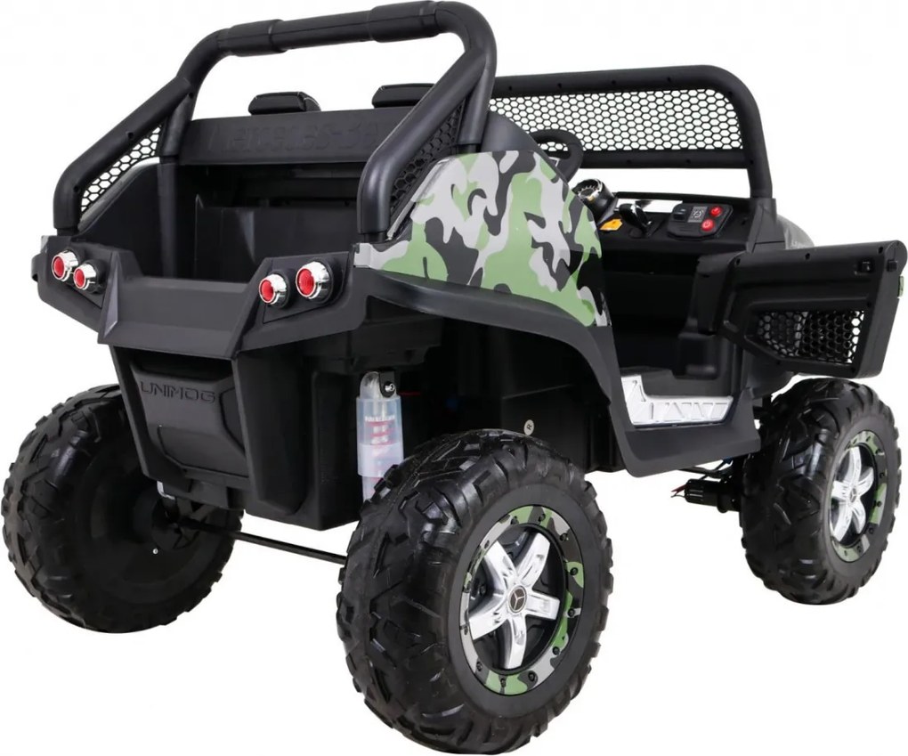 Ramiz Mercedes Benz Unimog pre deti farba Moro + 4x4 + diaľkové ovládanie + nosič batožiny + bezplatné štartovanie + rádio MP3 + LED