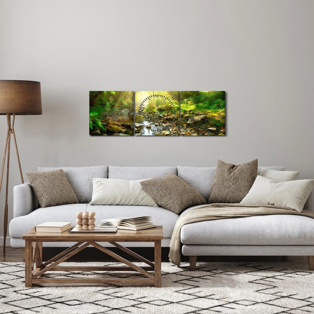 Obraz rieky v zelenom lese (s hodinami) (90x30 cm)