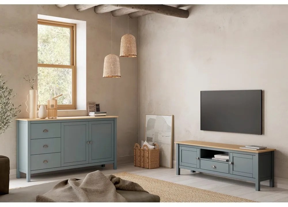TV stolík sivozelený z borovicového dreva 158x53x40 cm Misti – Marckeric