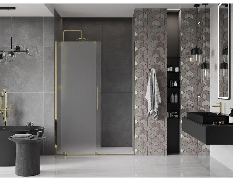 Mexen Velar, posuvné sprchové dvere do otvoru 130 cm, 8mm sklo námraza, zlatá lesklá, 871-130-000-31-50