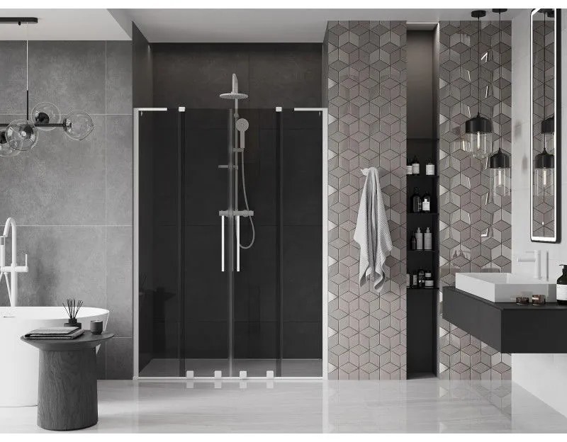 Mexen Velar L Duo, posuvné sprchové dvere do otvoru 150 cm, 8mm šedé sklo, biela matná, 871-150-003-42-20