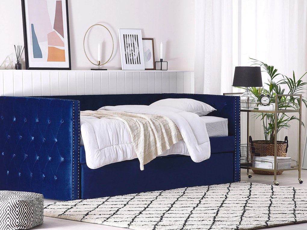 Výsuvná posteľ v modrom zamate 90 x 200 cm GASSIN Beliani