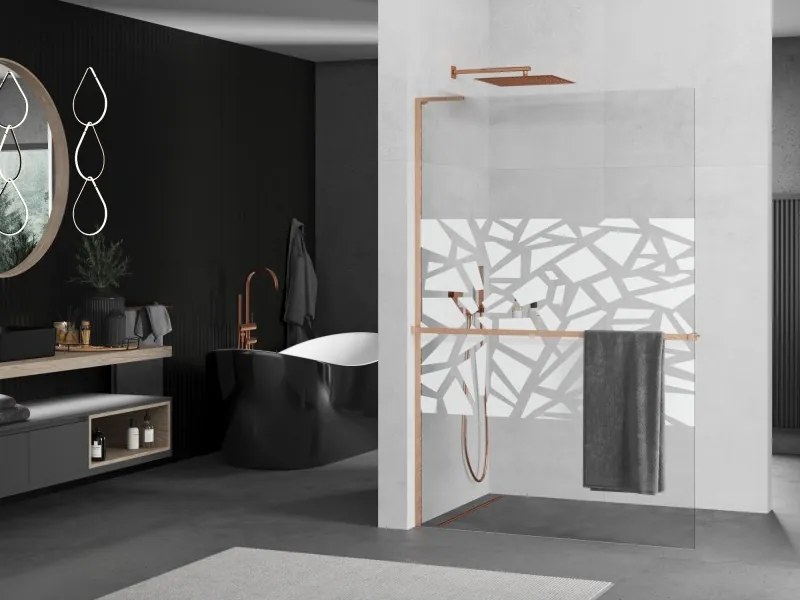 Mexen Kioto+ L, sprchová zástena Walk-In s poličkou a vešiakom 90 x 200 cm, 8mm číre sklo biely vzor, medený matný profil, 800-090-123-65-85