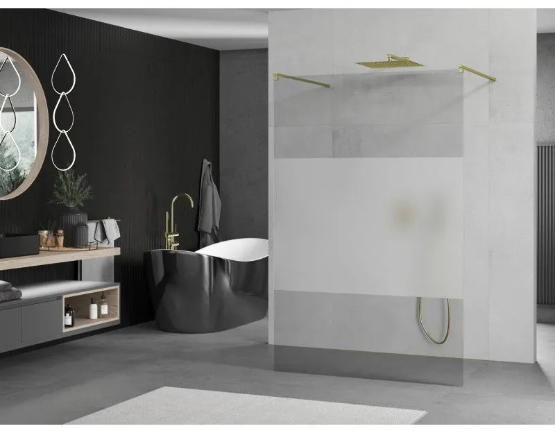 Mexen Kioto, priechodná sprchová zástena 110 x 200 cm, 8mm sklo číre/námraza, 2x zlatá stabilizačná rozpera, 800-110-002-50-35