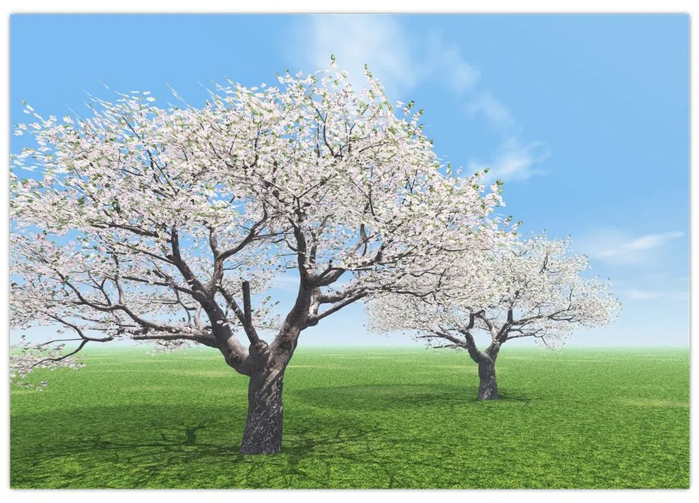 Obraz kvitnúceho stromu na jarné lúke