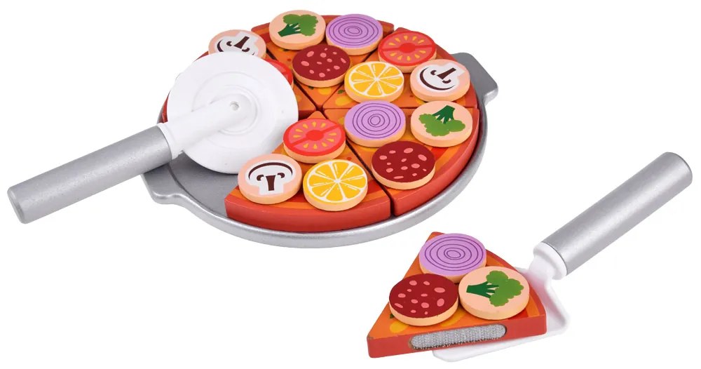 Jokomisiada Drevená pizza na rezanie 16,5 cm s nástavcami na suchý zips 27 kusov ZA4689