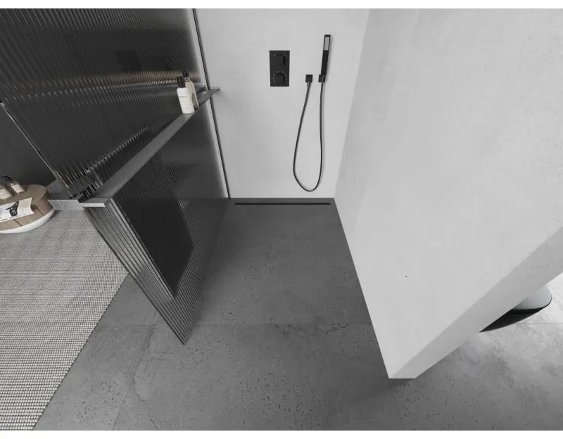 Mexen Kioto+ L, sprchová zástena Walk-In s poličkou a vešiakom 90 x 200 cm, 8mm sklo s rebrovým vzorom, grafitový profil, 800-090-123-66-09