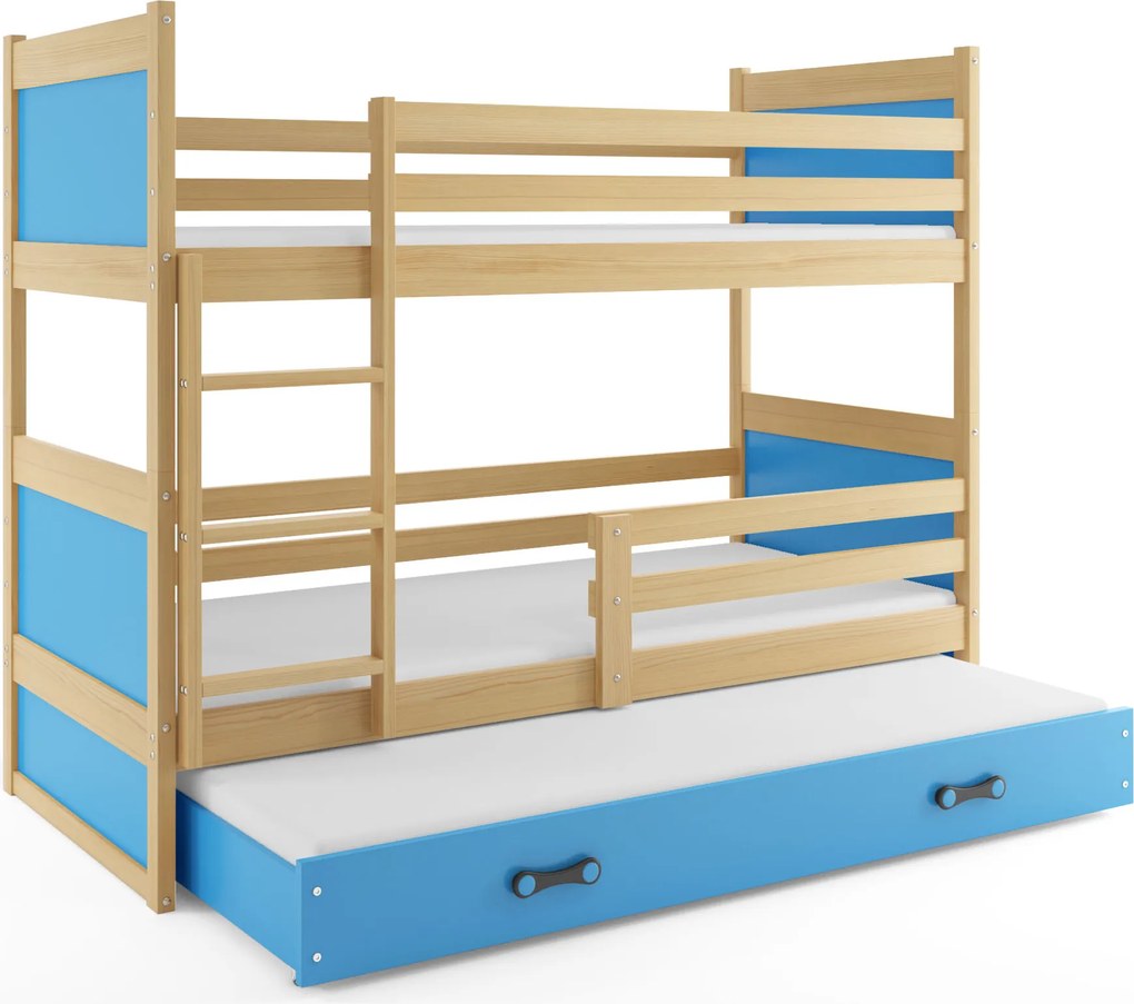 Poschodová posteľ s prístelkou RICO 3 200x90 Borovica - Modrá