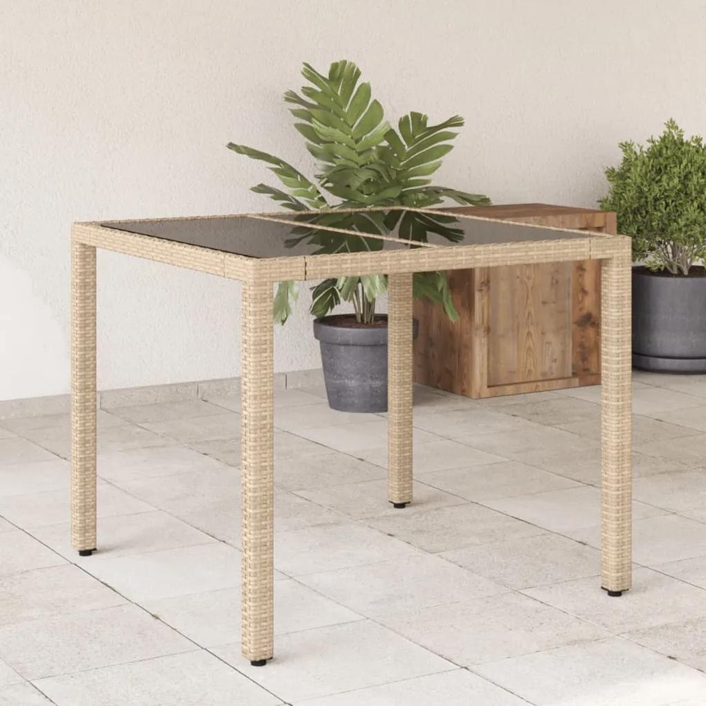 Záhradný stôl so sklenenou doskou, béžový 90x90x75cm, polyratan 365527