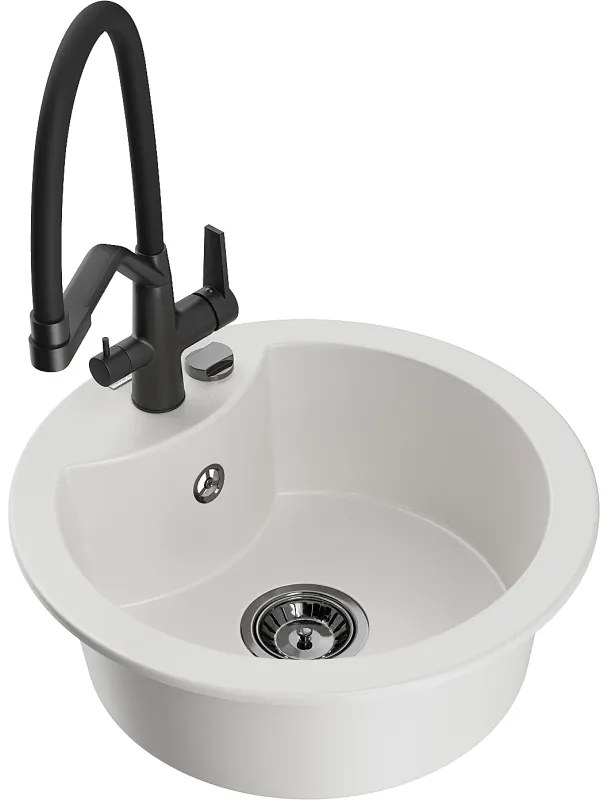 Mexen Diego, 1-komorový granitový drez 488x488x167 mm a drezová batéria Duo, biela, 6512-20-671701-70-B