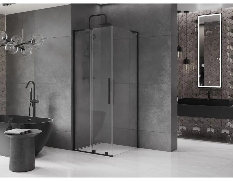 Mexen Velar L, sprchový kút s posuvnými dverami 90 x 90 cm, 8mm číre sklo, čierna matná, 871-090-090-03-70