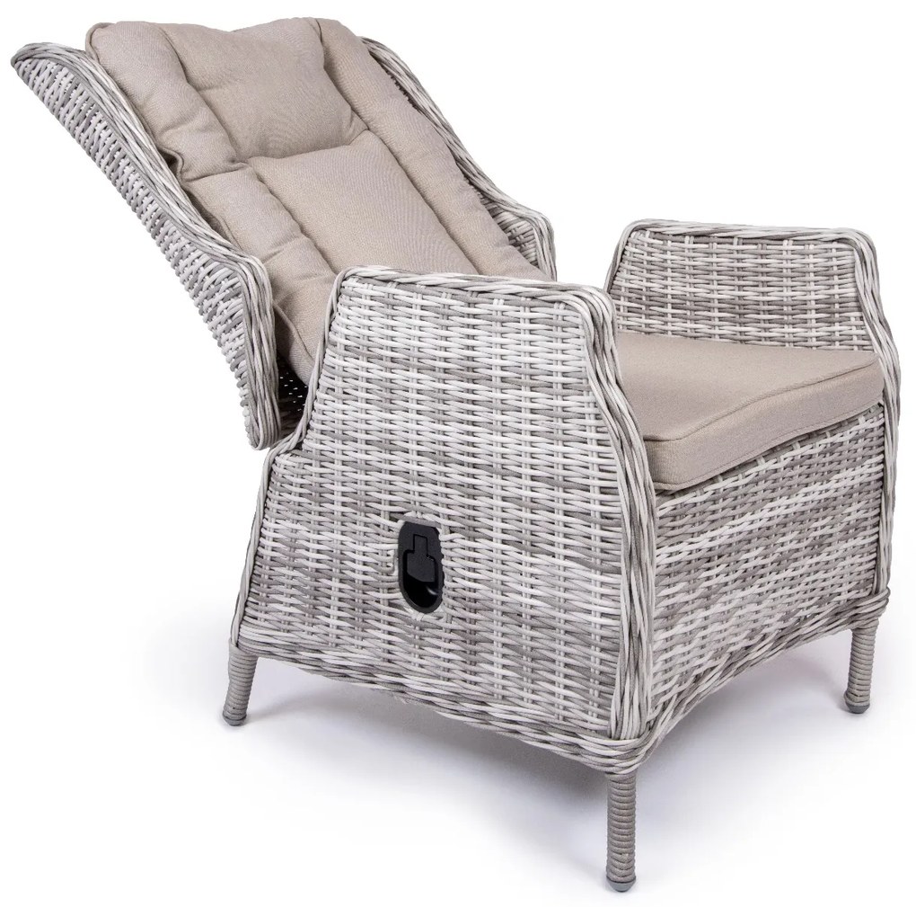 Ratanové polohovateľné kreslo KINGSMAN svetlo-sivé so svetlou poduškou