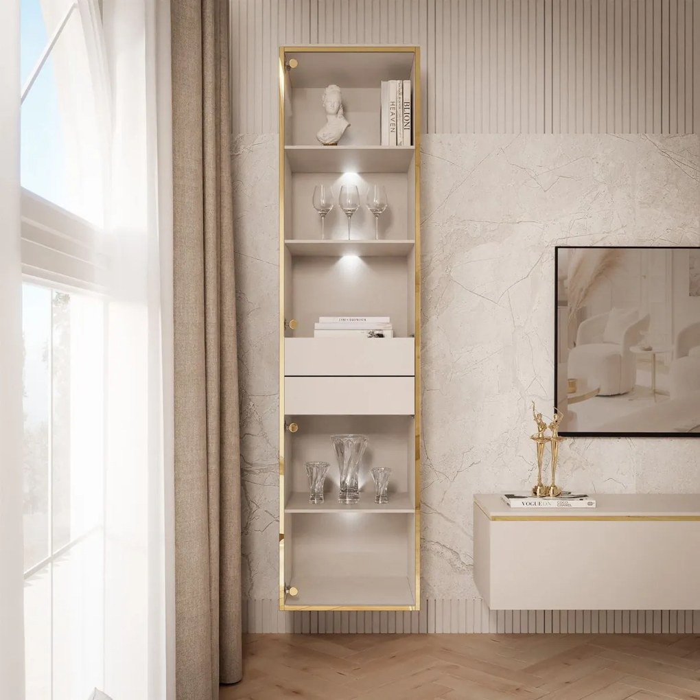 ZÁVESNÁ VITRÍNA NESSIE KAŠMÍR + ZLATÁ 45 x 181 cm