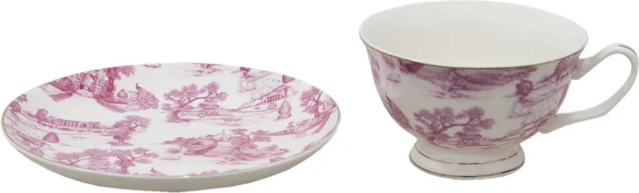 Bielo-ružová porcelánová šálka s tanierikom - Ø 10*6 / Ø 15*2 cm / 250 ml