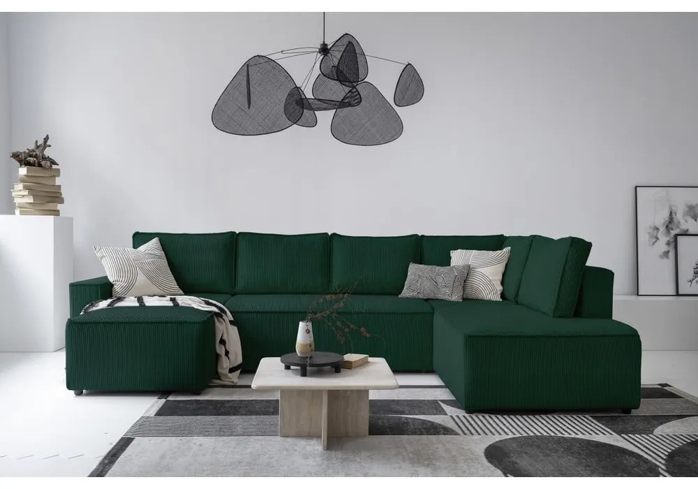 Tmavozelená menčestrová rozkladacia rohová pohovka (pravý roh/do tvaru "U") Brave Dave – Miuform