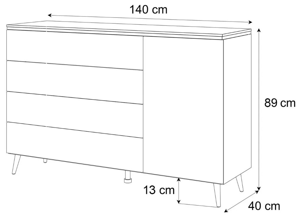KOMODA NESSIE 3 NA NOŽIČKÁCH BIELY LESK + ZLATÁ 140 cm