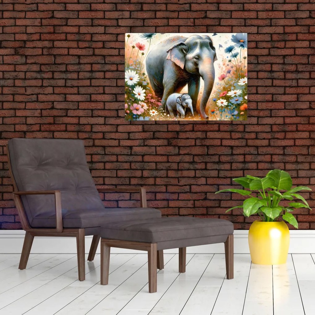 Sklenený obraz - Slonia mama, akvarel (70x50 cm)